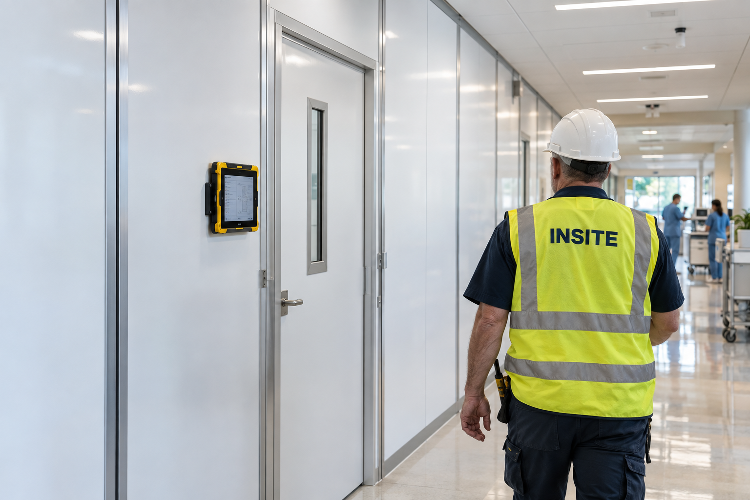 An INSITE tradesman beside white modular containment walls and a yellow-and-black monitoring tablet in a hospital corridor